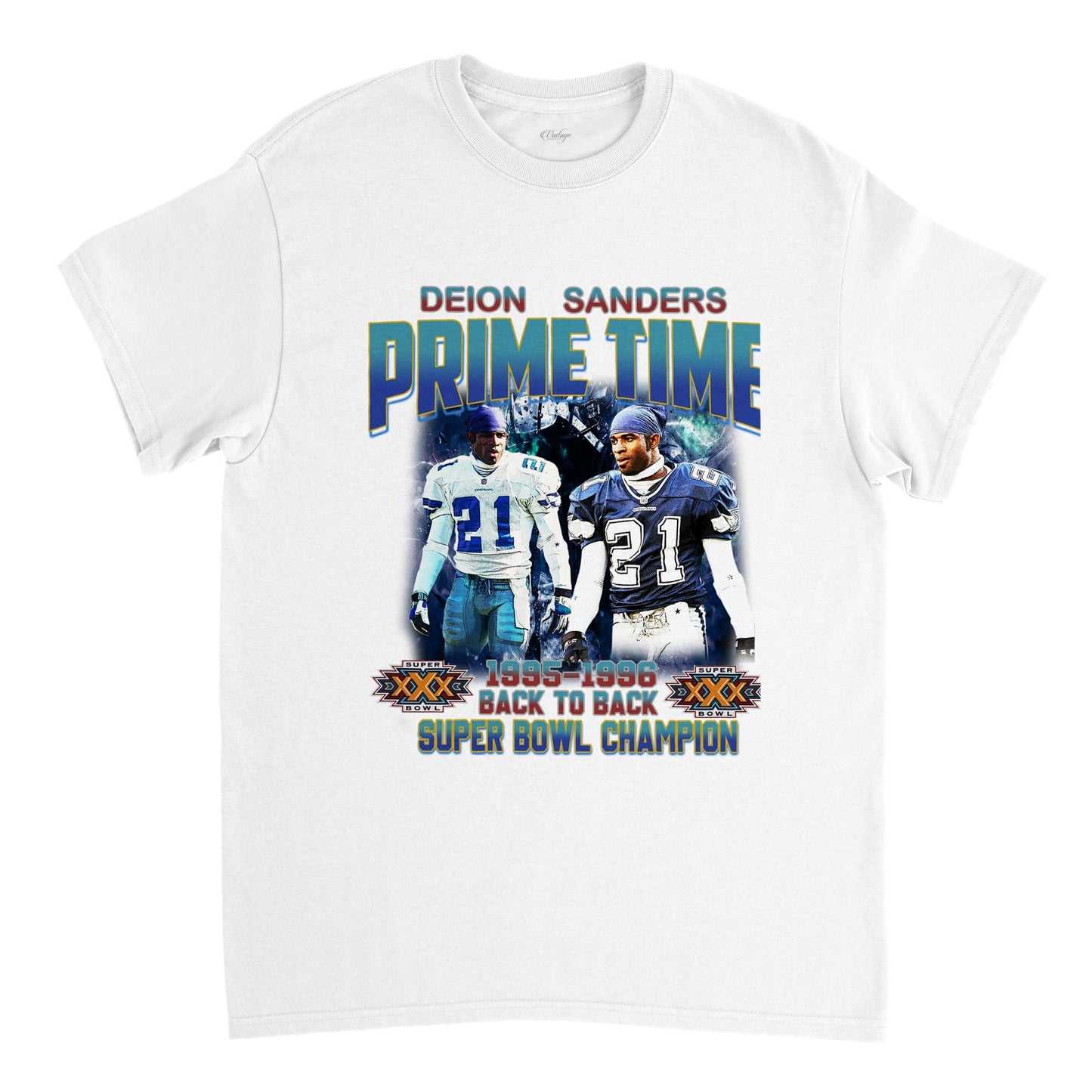 PRIME TIME DEION/SANDERS SUPER BOWL BACK TO BACK CHAMPS VINTAGE TEE